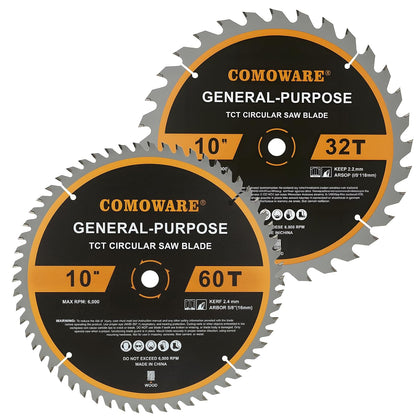 10 inch Miter Saws Blade, 32T & 60T ATB Circular Saw Blade, 5/8" Arbor, TCT Carbide-Tipped, Anti-Vibration, Teflon