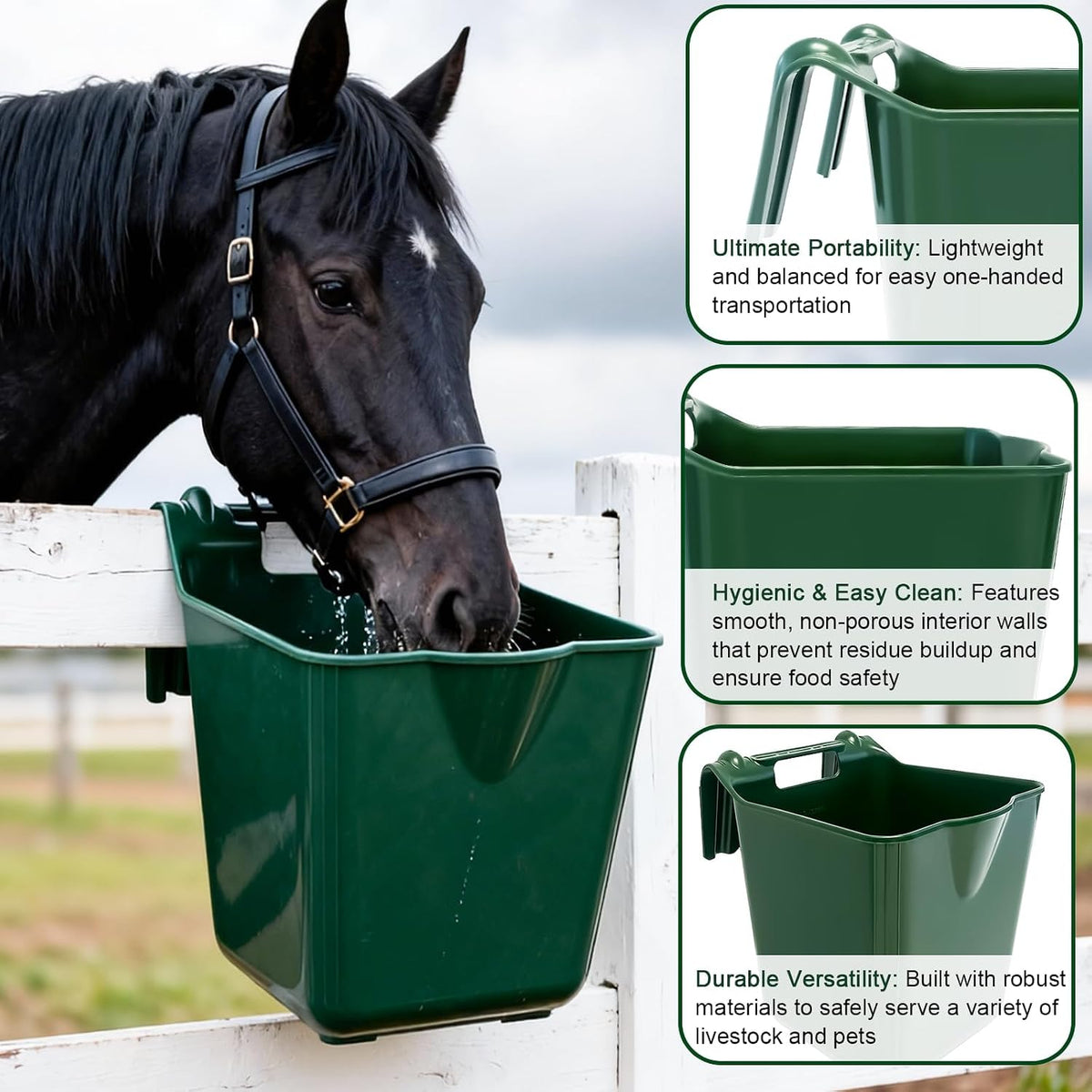 Horse Feed Bucket, 15 Quart Plastic Stall Hook Over, Green 4-Pack