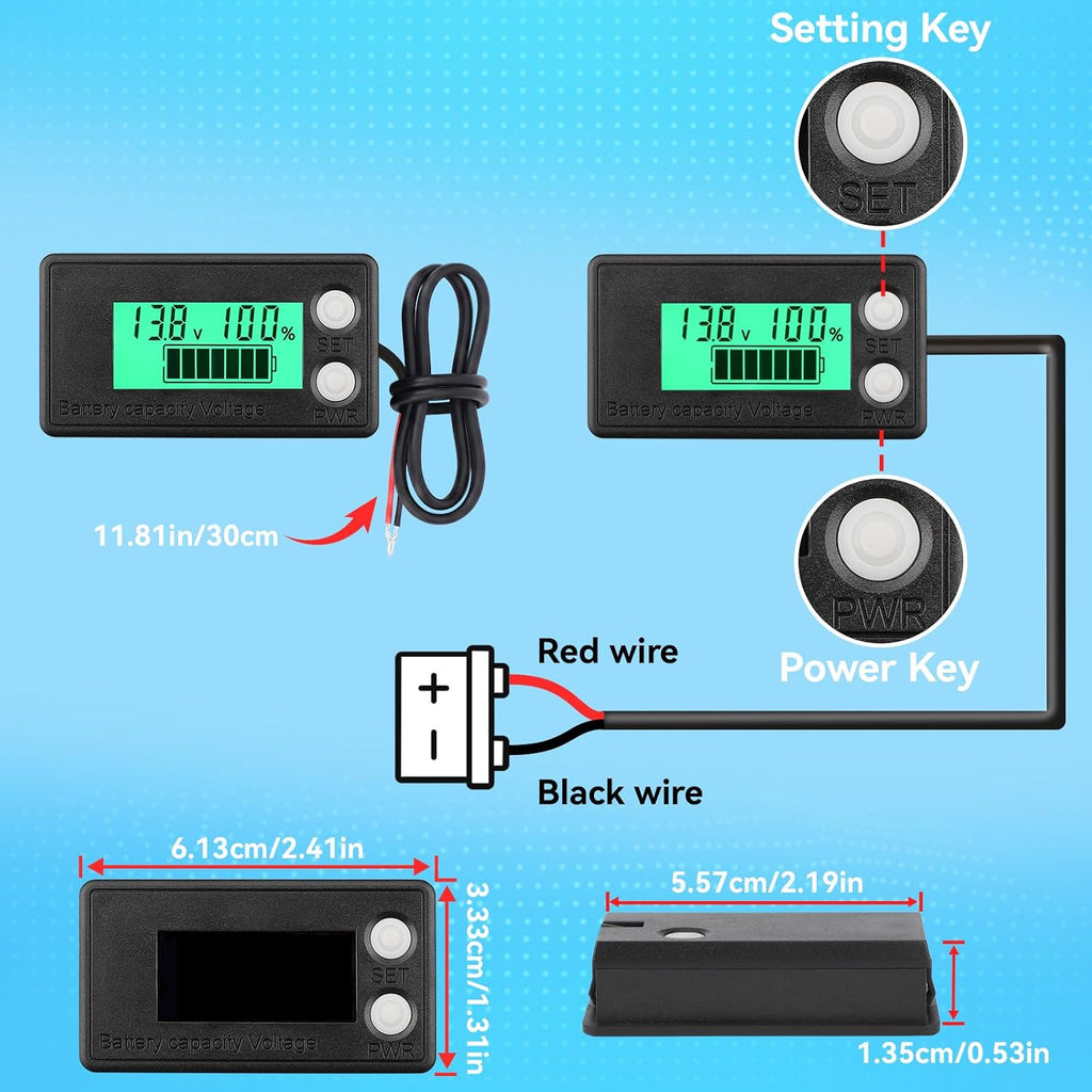 Waterproof Battery Monitor 12V 24V 36V 48V 72V Battery Meter 8-100V, Capacity Tester LCD Display with Green