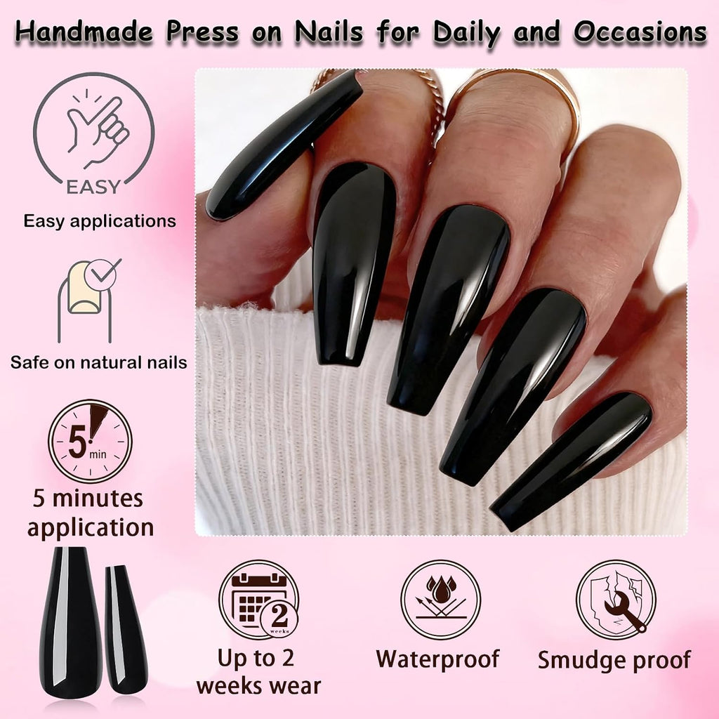 144pc Black Press on Nails Long Fake Nails Coffin Glue on Nails Press ons