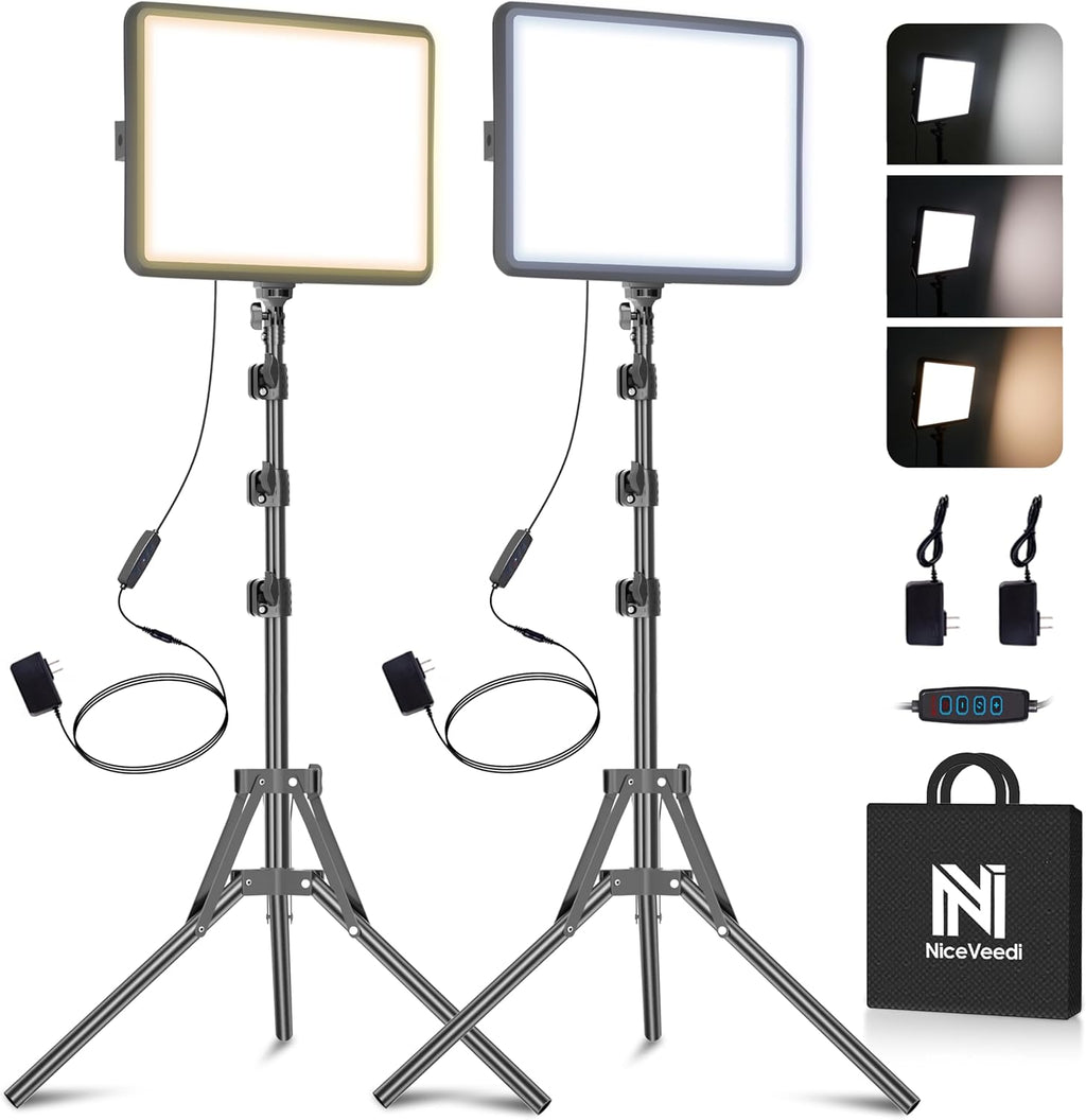 2-Pack Photography Lighting Kit, NiceVeedi 25W LED Video Light Kit, 2900-7000K Dimmable Studio Light with Tripod