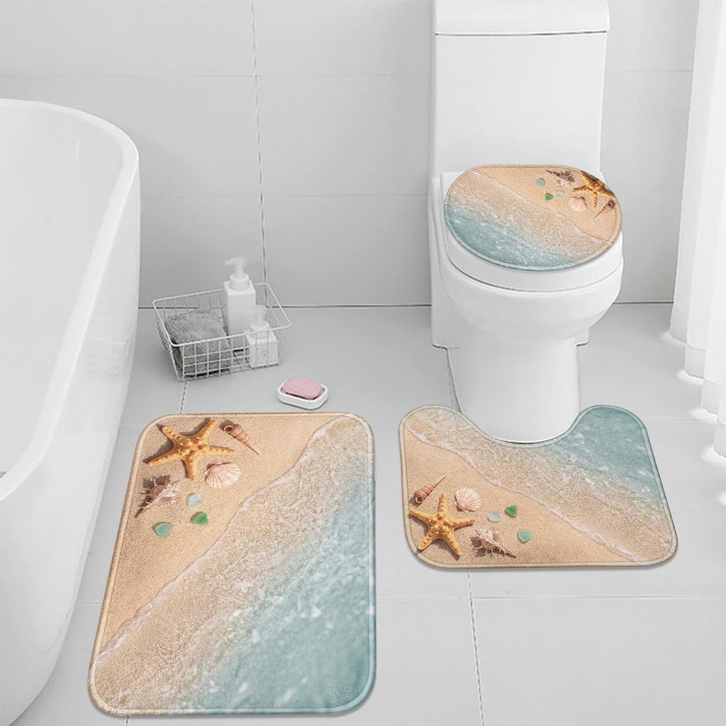 Bathroom Rug Set of 3, 3 Pieces Bath Mats Set, Beach Starfish No Silp Washable Cover Floor Rug Decorations for