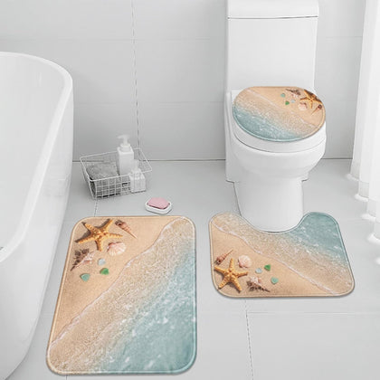 Bathroom Rug Set of 3, 3 Pieces Bath Mats Set, Beach Starfish No Silp Washable Cover Floor Rug Decorations for