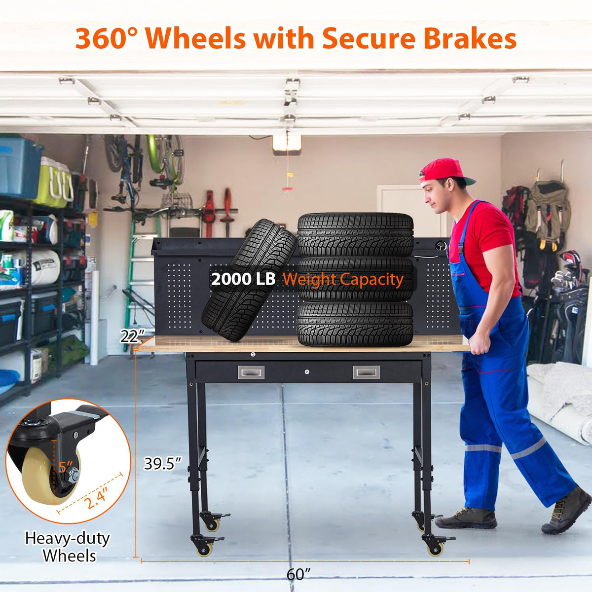 60" Adjustable Height Workbench, Rubber Wood Tabletop Workbench with Pegboard, Storage Drawers, Rolling Work Table
