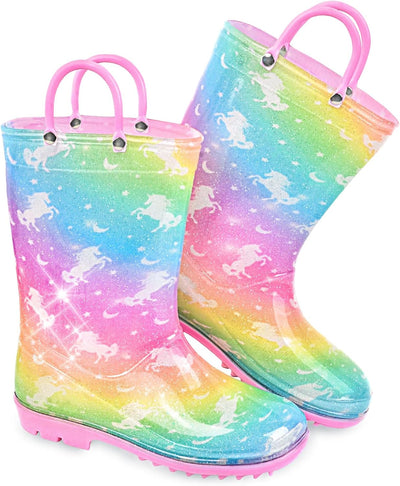 Toddler Rain Boots For Girls Waterproof Rainboots Little Girls Glitter Unicorn Rain Boots For Kids With Easy-On Handles