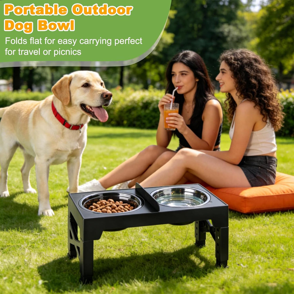 4-in-1 Dog Bowl Elevated Stand with Slow Feeder & Spill-Proof Water Bowl, 5-Height Adjustable Raised Dog Bowl for