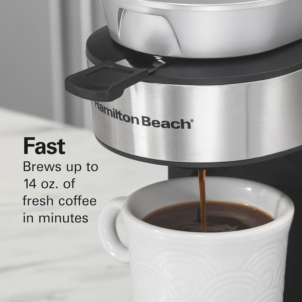 The Scoop Single Serve Coffee Maker & Fast Grounds Brewer for 8-14oz. Cups, Brews in Minutes, 40oz. Removable