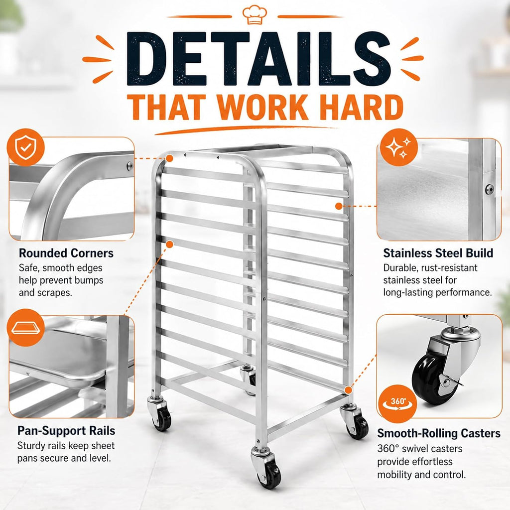 10-Tier Bun Pan Rack with Wheels for Home Use | 1/2 & 1/4 Sheet Pan|Baking Bread Cooling Rack|Speed Bun Pan Rack|Home