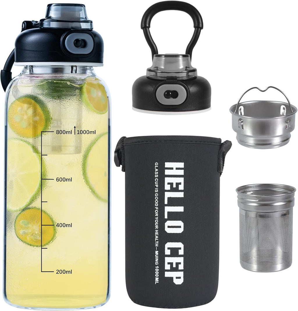 34oz tea bottle with infuser - Large Capacity Glass Water Bottle, With Time Mark, Stainless Steel Tea