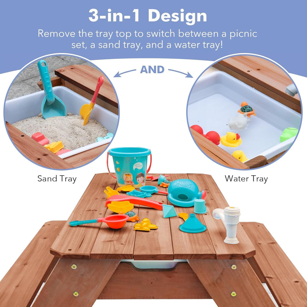 Kids 3-in-1 Sand & Water Table, Wood Outdoor Convertible Picnic Table w/Umbrella, 2 Trays, Removable Top with Faucet