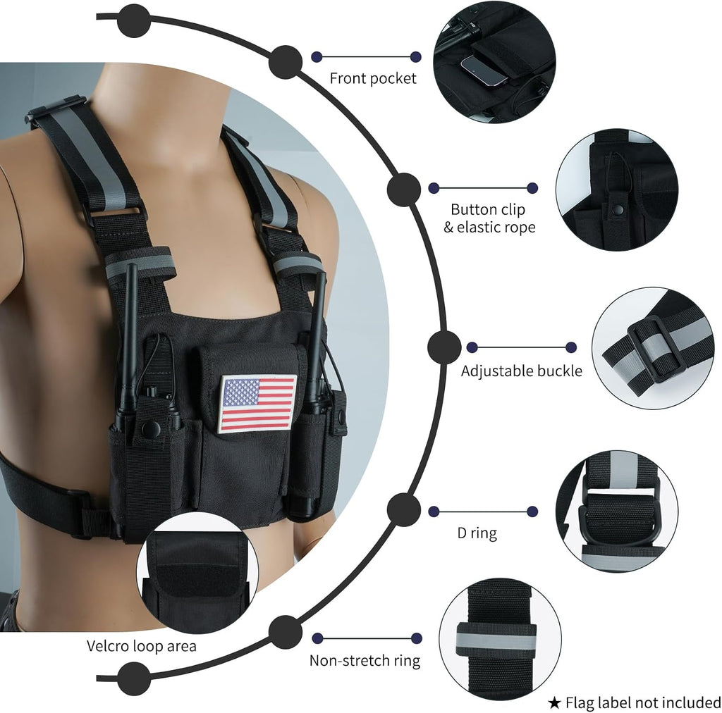 Radio Harness with Reflective Straps, Micro Rig Harness Chest Pack Tactical Vest Radio Holster Bag