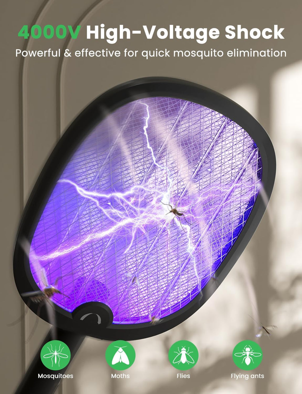 Electric Fly Swatter Foldable Bug Zapper Racket 2 in 1 Mosquito Killer with Purple Attractant Light Rechargeable