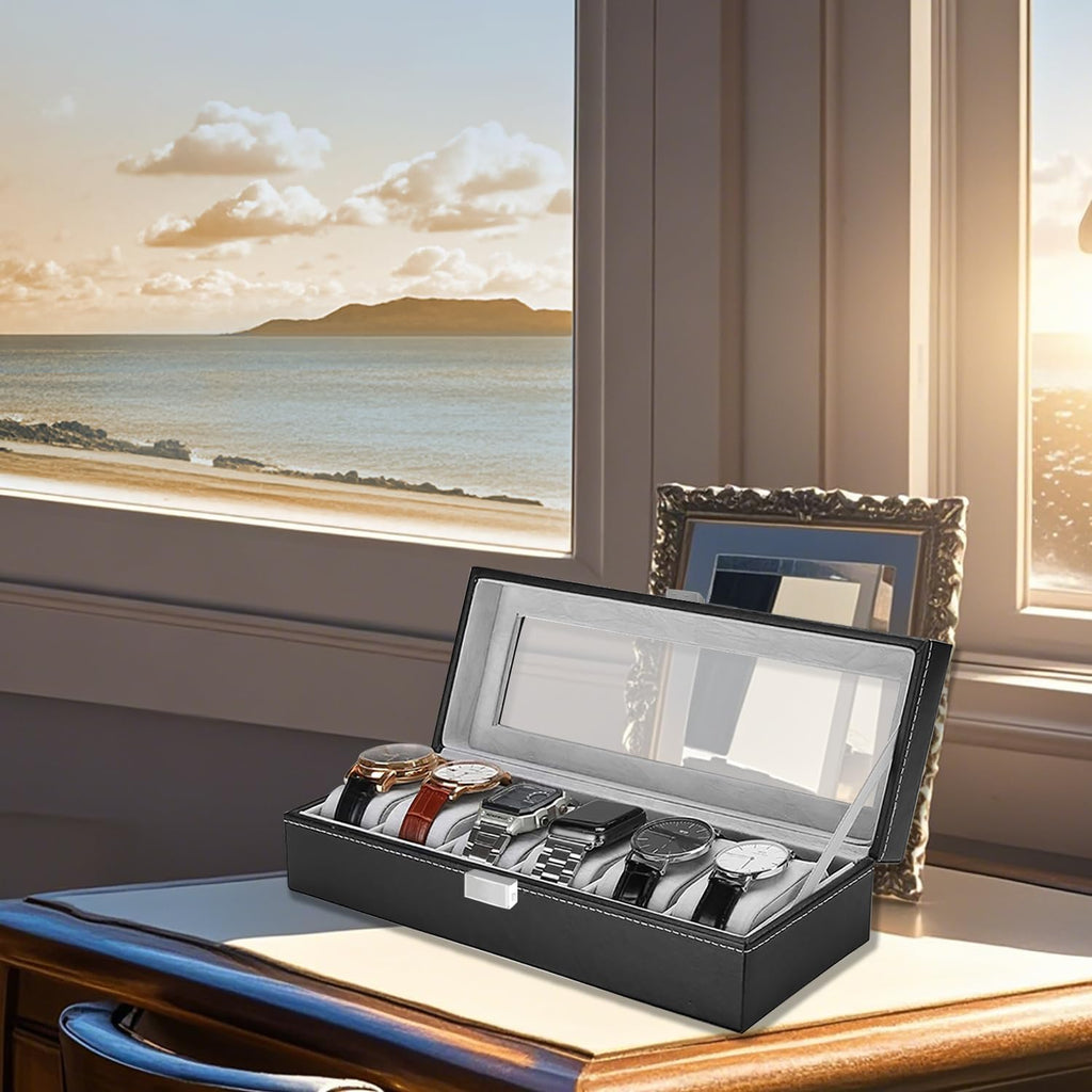 Watch Box for Men,Organizer 6 Slot Watch Display Case,Men Jewelry Box Storage Case,Lined with Soft Velvet and Holder