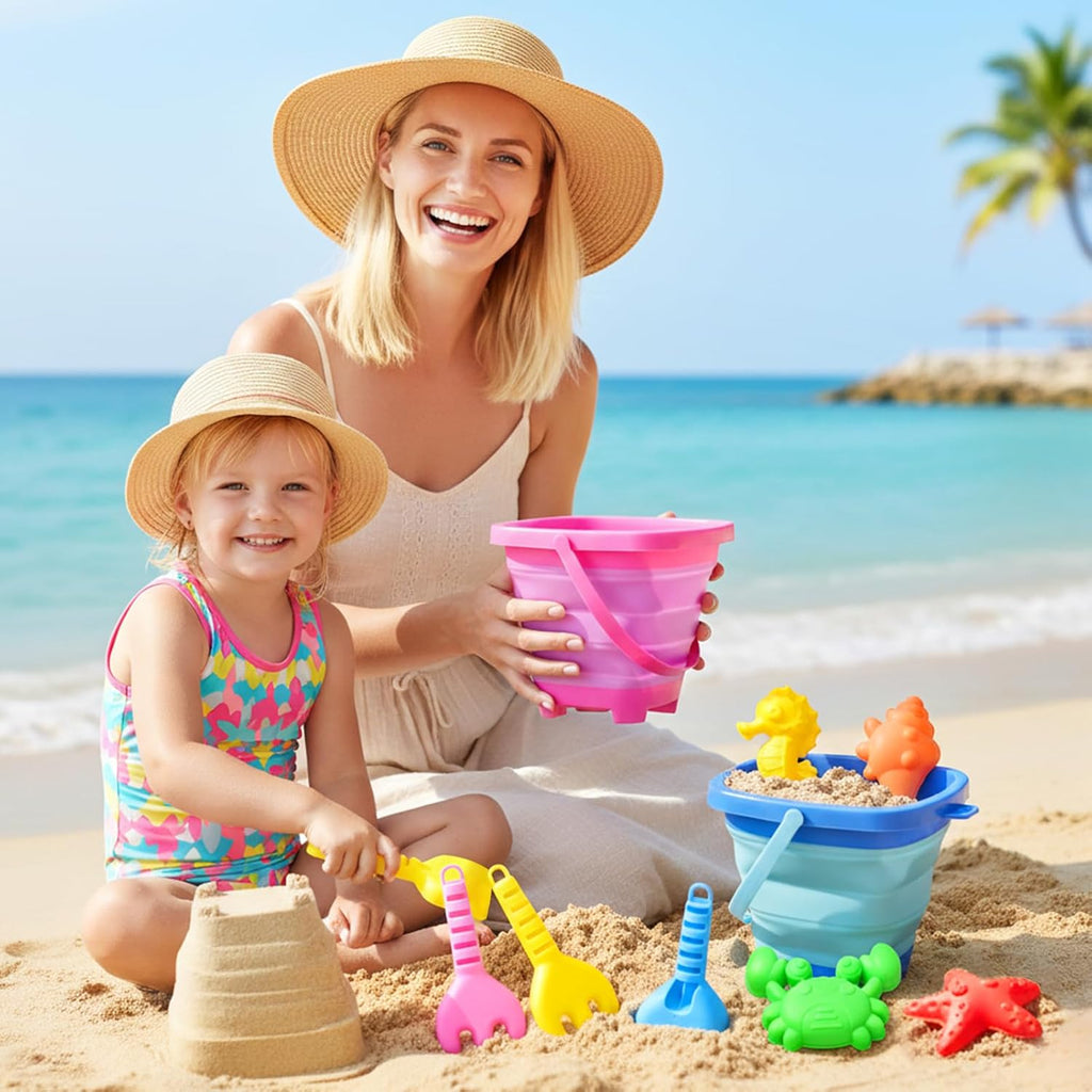 Beach Toys for Kids 3-10, Collapsible Sand Castle Toys for Beach Include 3 Pack Foldable Buckets, Shovels Molds and
