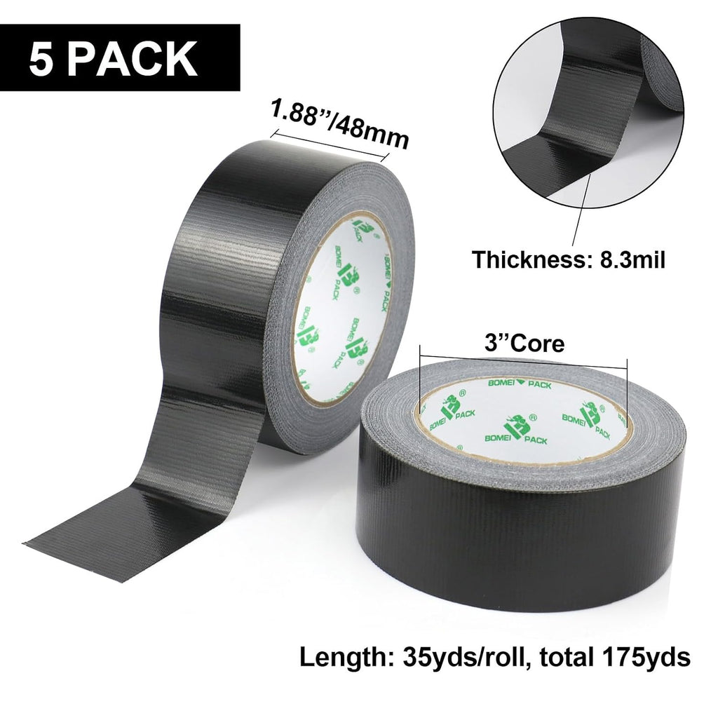 5 Pack Black Duct Tape Roll Crafts, Residue Free Duct Sealing Tape Multi Pack, 8.3Mil x1.88Inch x 35Yds