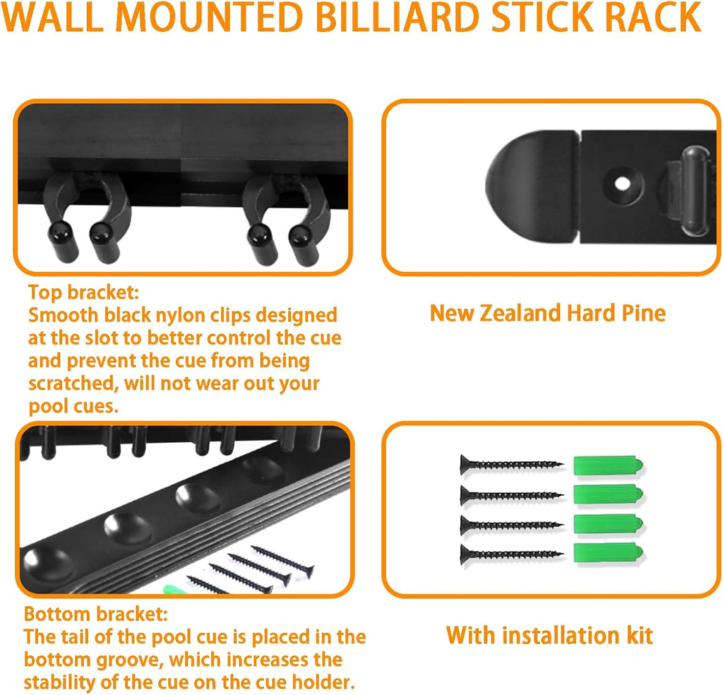Pool Stick Holder Wall Mounted Pool Cue RackSolid Wood Billiard Stick Holder with Accessory Shelf, Heavy Duty Game