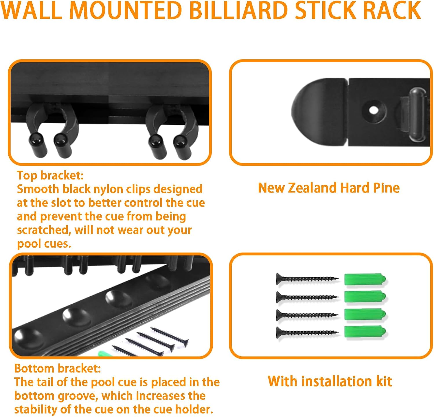Pool Stick Holder Wall Mounted Pool Cue RackSolid Wood Billiard Stick Holder with Accessory Shelf, Heavy Duty Game