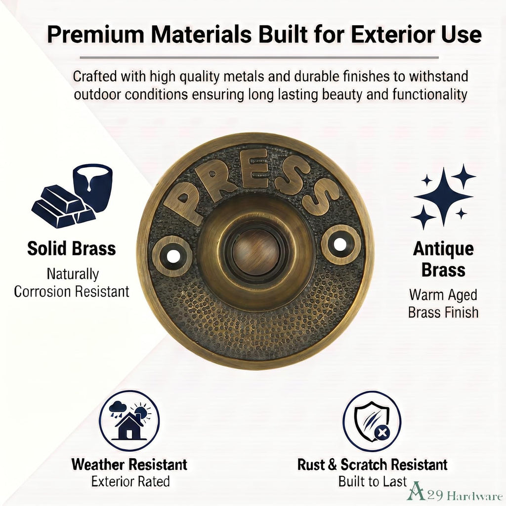 Round Doorbell Push Button, Solid Brass, Antique Brass Finish | 2 1/2 in Diameter, Decorative Push Button Doorbell