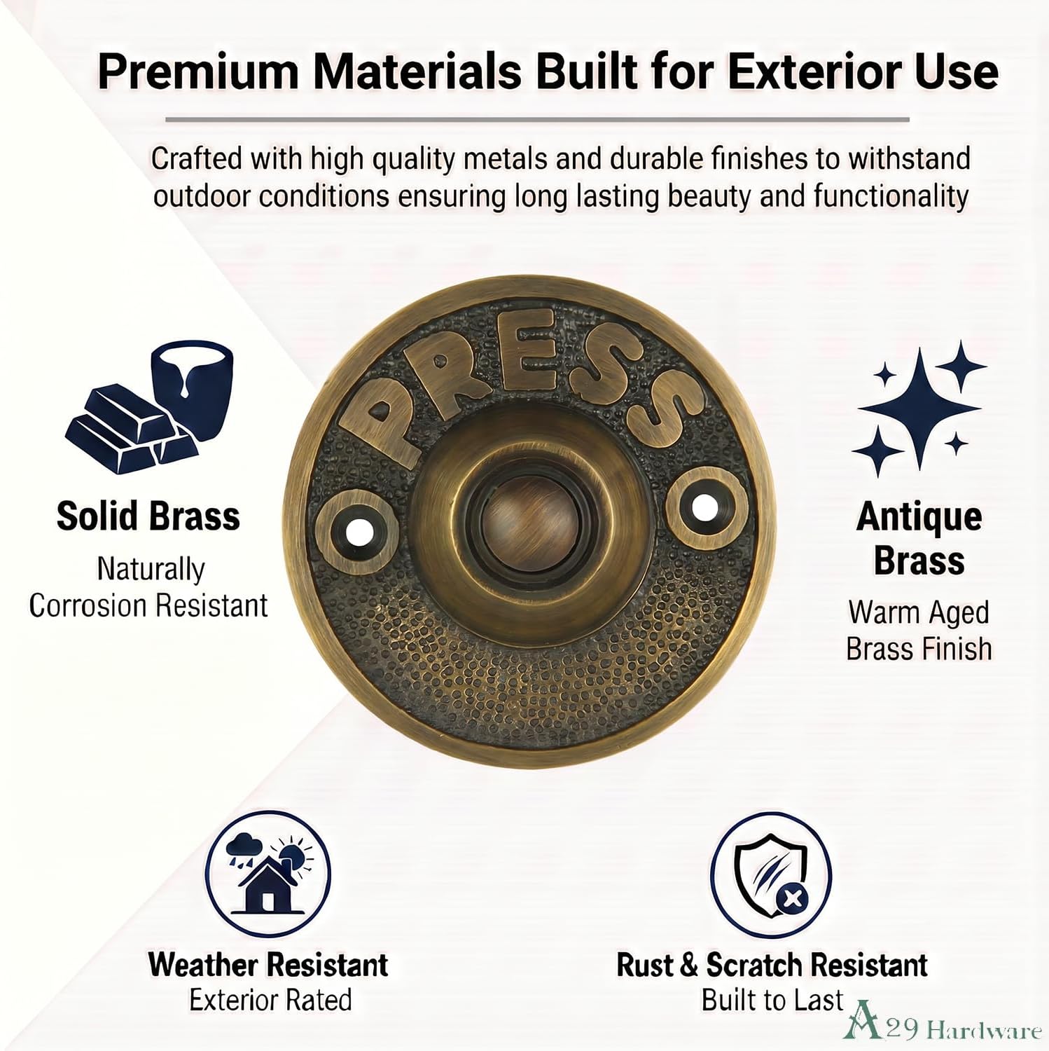 Round Doorbell Push Button, Solid Brass, Antique Brass Finish | 2 1/2 in Diameter, Decorative Push Button Doorbell