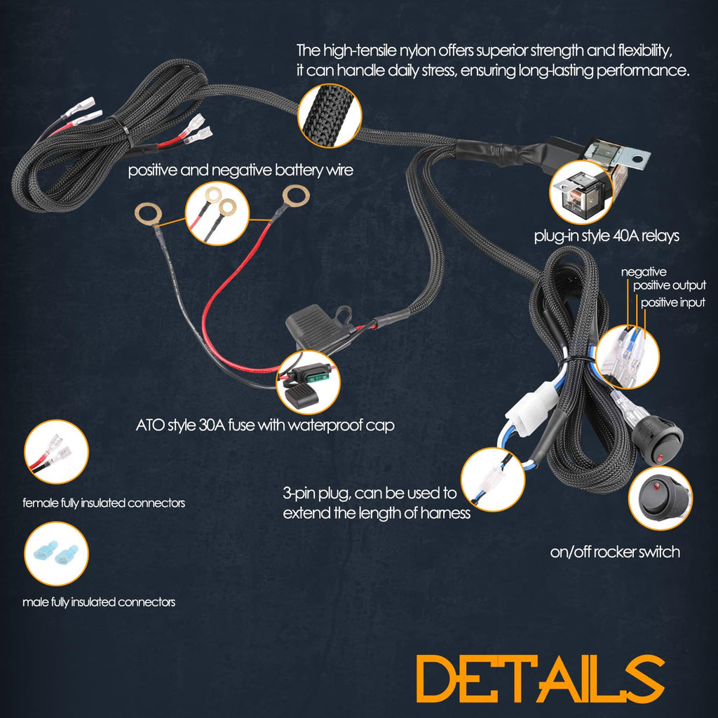 Wiring Harness 1 Lead, Nirider 12V 40A Rocker Switch Relay Fuse Nylon Wiring Harness Kit for LED Light Bars Fog