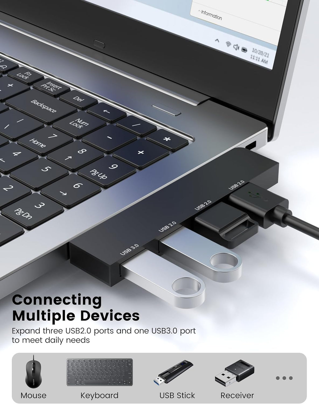 USB Hub, Fidioto 4 Port USB Adapter(1 * 3.0 Port, 3 * 2.0 Ports), Networking Hub for Laptop, iMac Pro, MacBook Air