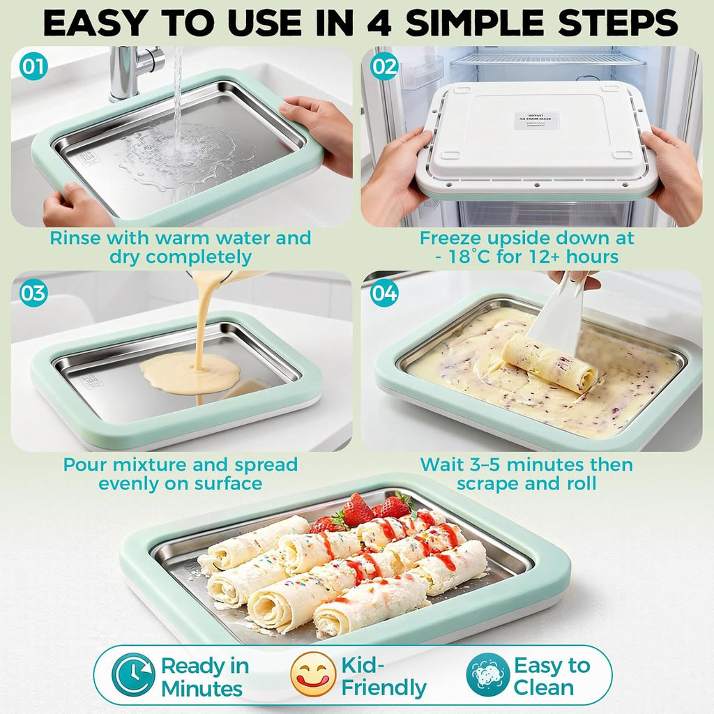Rolled Ice Cream Maker with Quick Start Guide - DIY Instant Ice Cream Tray Kit, Includes 2 Scrapers for Manual