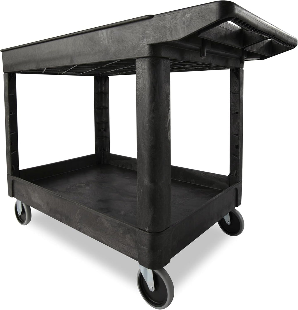 2-Shelf Utility/Service Cart, Medium, Black, Lipped Shelves, Ergonomic Handle, 500 lbs. Capacity, for