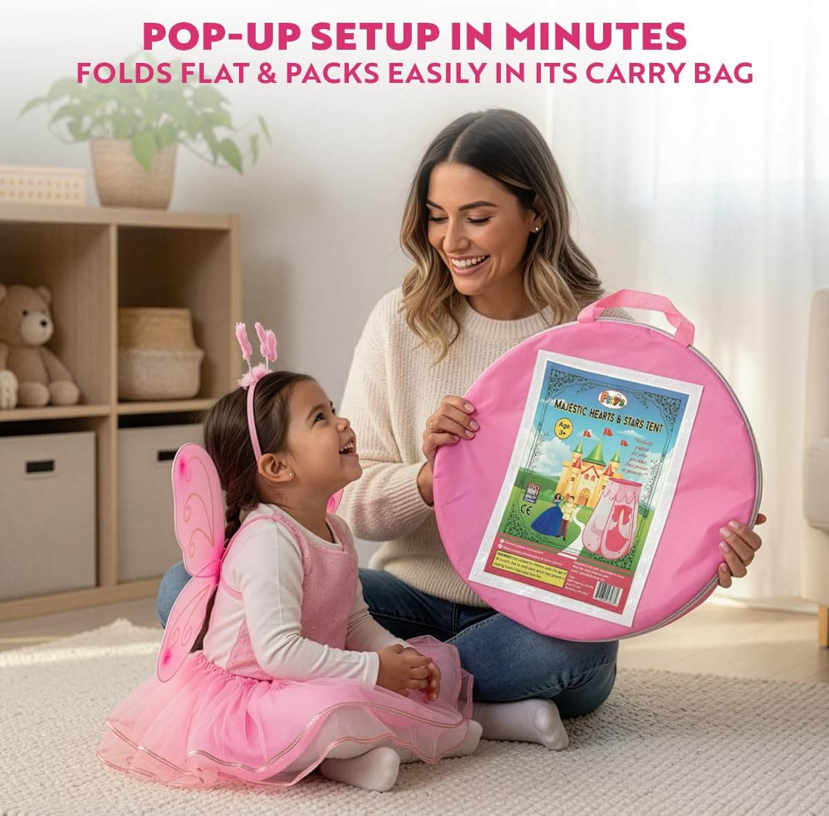 Princess Castle Pop Up Tent & Dress Up Set – Kids Pink Playhouse Tent for Girls with Glow in The Dark Stars, Foldable