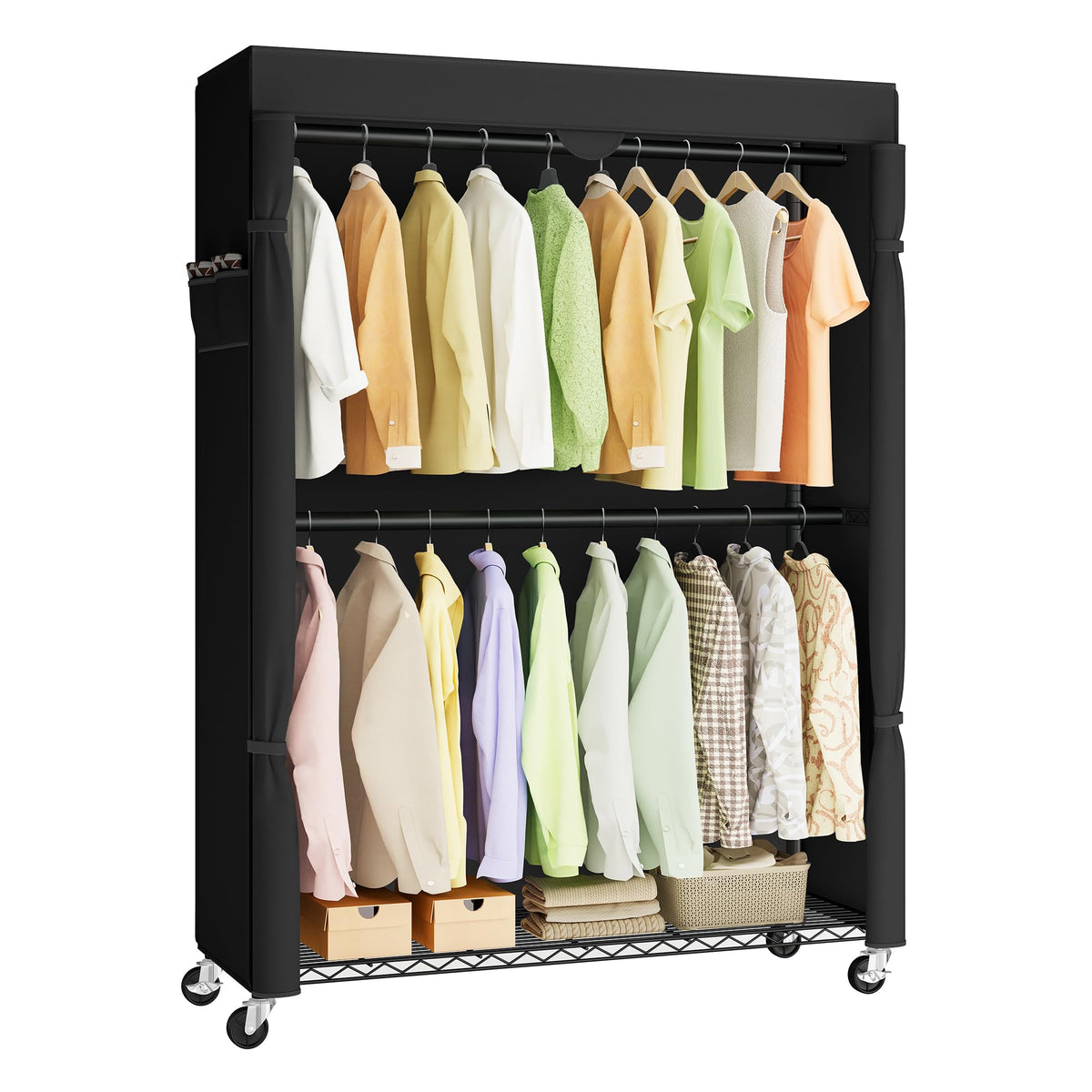 Heavy-Duty Clothes Rack, Portable Closet on Wheels, Fabric Cover
