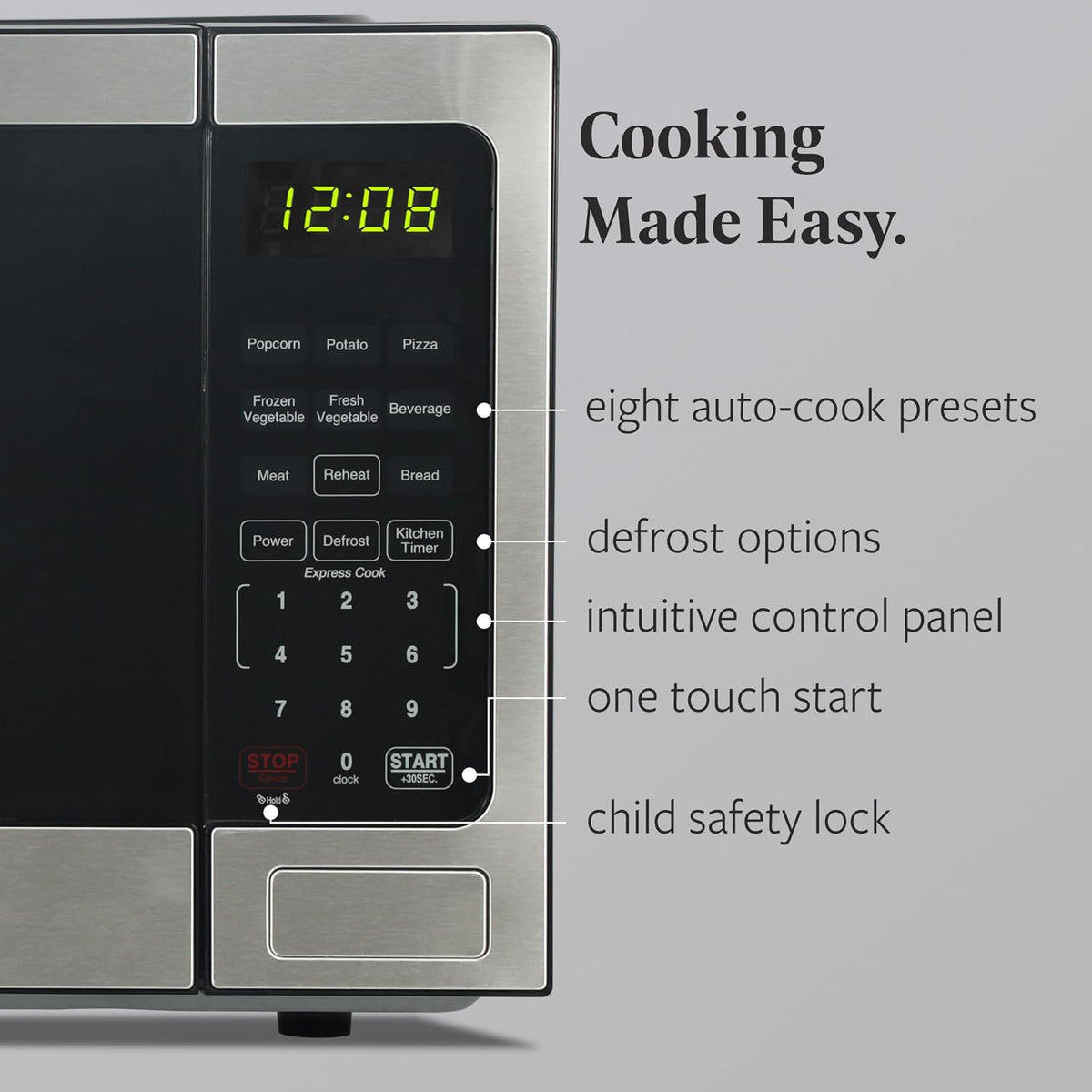 0.9 Cu. Ft. Countertop Microwave Oven – 900 Watts Power, Auto Cook Settings, Defrost, Easy Clean and Child Safety