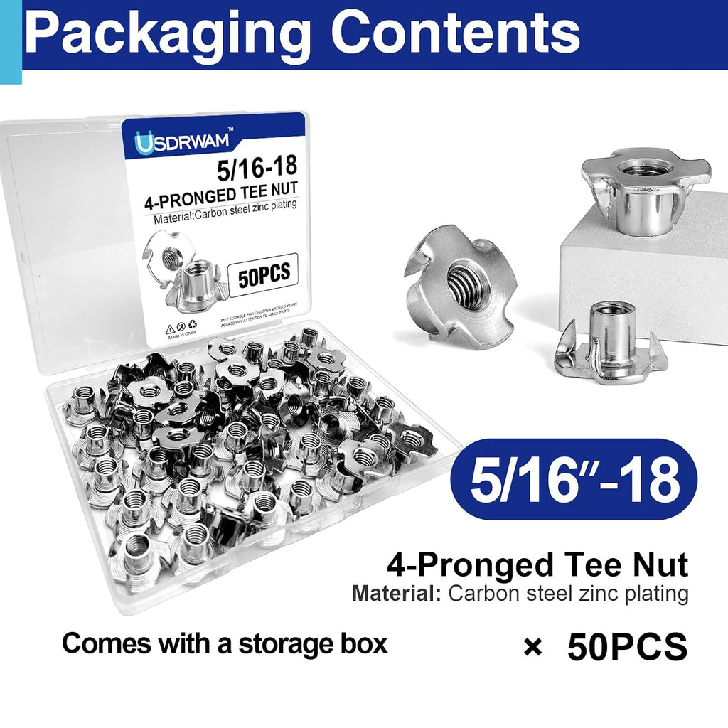 50PCS 5/16"-18 T Nuts for Wood, Zinc-Plated 4-Prong Tee Nuts