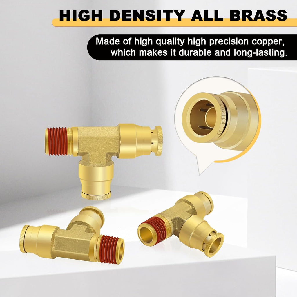 Siptenk 3/8" OD Tube x 1/4" Side NPT Thread Tee Brass Air Line Fittings