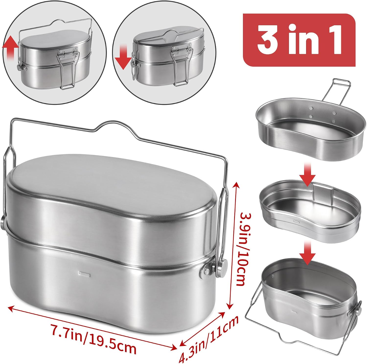 German Style M31 Military Mess Kit Mess Tin 304 Stainless Steel Backpacking Cookware Set Camping Pot Pan Set
