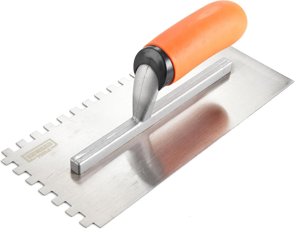 Squared Notch Tile and Flooring Trowel - 1/4” X 1/4” X 1/4” Pro Grade Stainless Steel Trowel - Ergonomic Rubber Grip