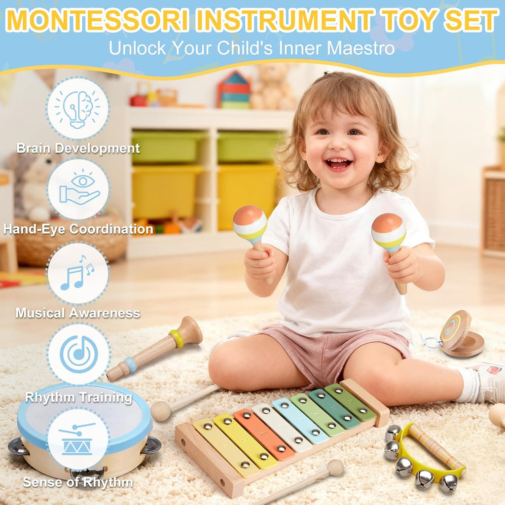 Baby Musical Instruments Set Montessori Wooden Music Toys for Toddlers 3 4 5 Neutral Color Percussion Music Kit with