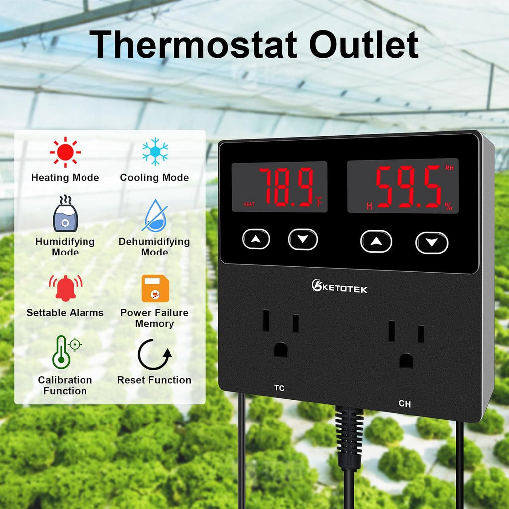 Digital Temperature and Humidity Controller Outlet, Reptile Thermostat Plug Dual Stage Pre-Wired for Mushroom