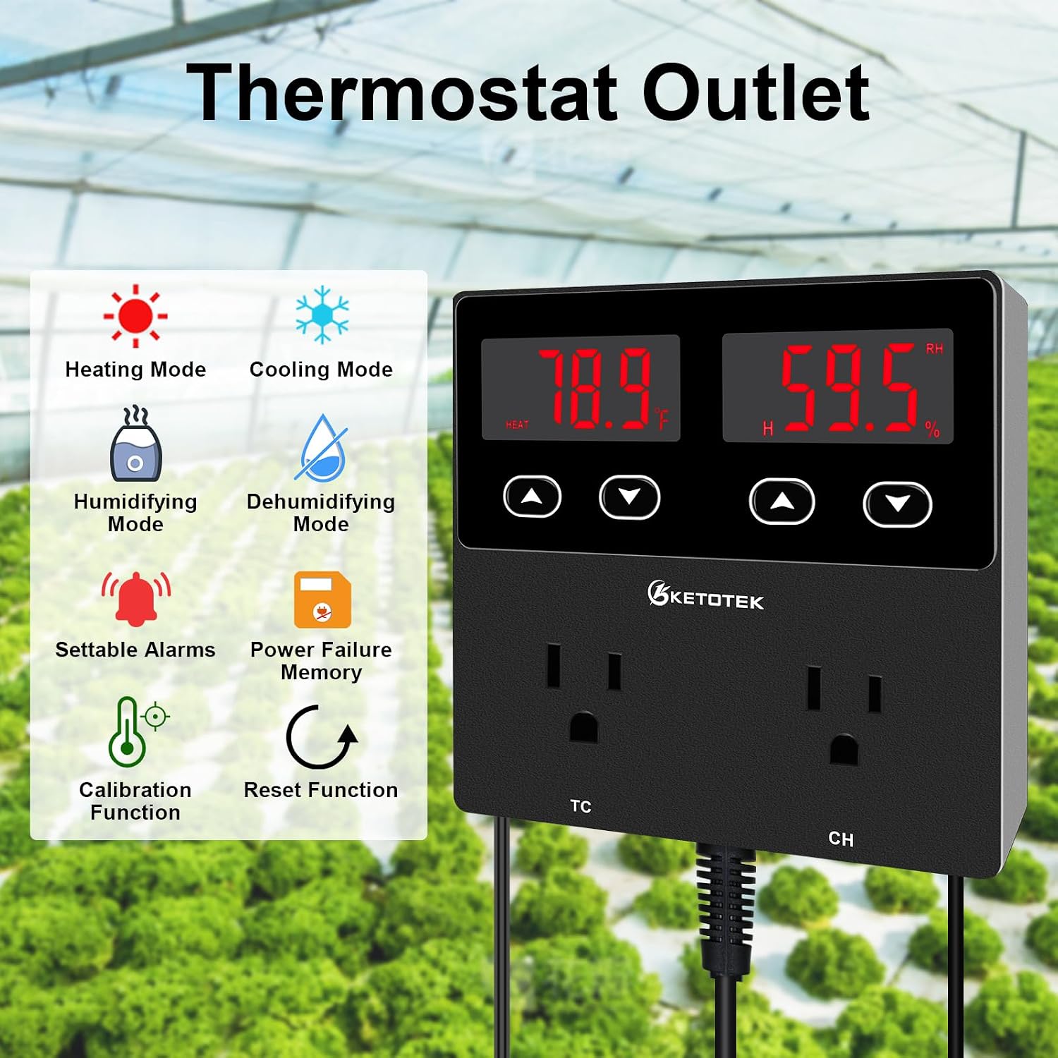 Digital Temperature and Humidity Controller Outlet, Reptile Thermostat Plug Dual Stage Pre-Wired for Mushroom