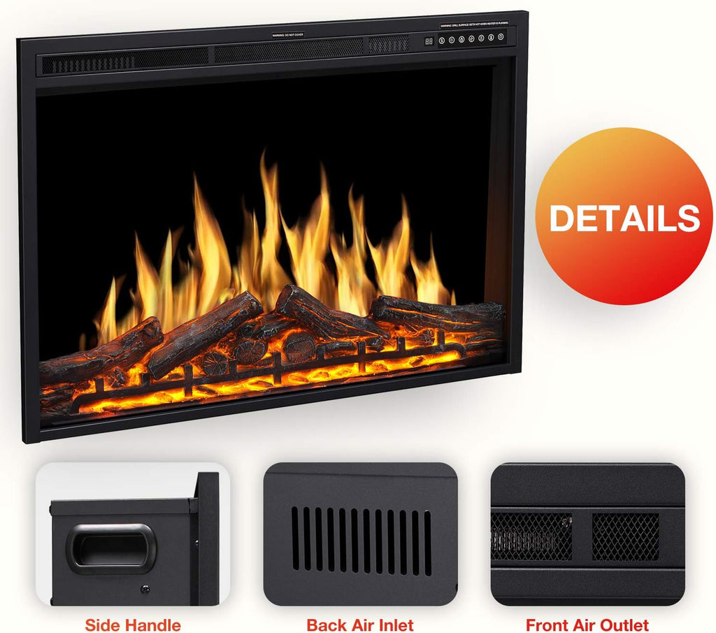 36" Electric Fireplace Insert, Realistic Log Recessed Electric Stove Heater, 4 Color Adjustable Flames, 8 H Timer, 5