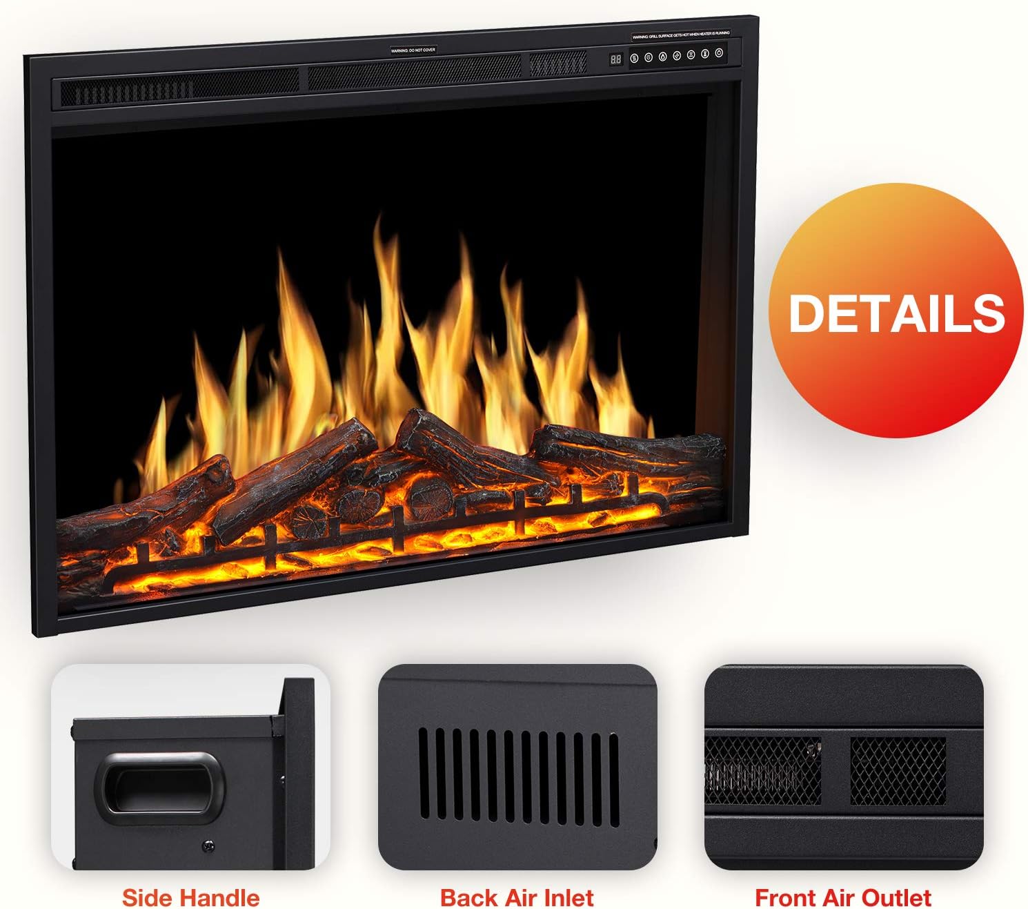 36" Electric Fireplace Insert, Realistic Log Recessed Electric Stove Heater, 4 Color Adjustable Flames, 8 H Timer, 5