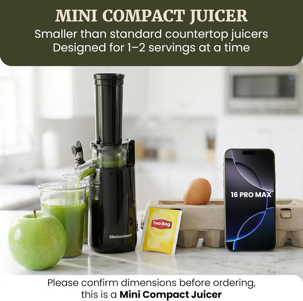 EJX600 BPA-Free Cold Press Juicer, 16 oz, Charcoal Grey | Mini space-saving masticating design retains nutrients &