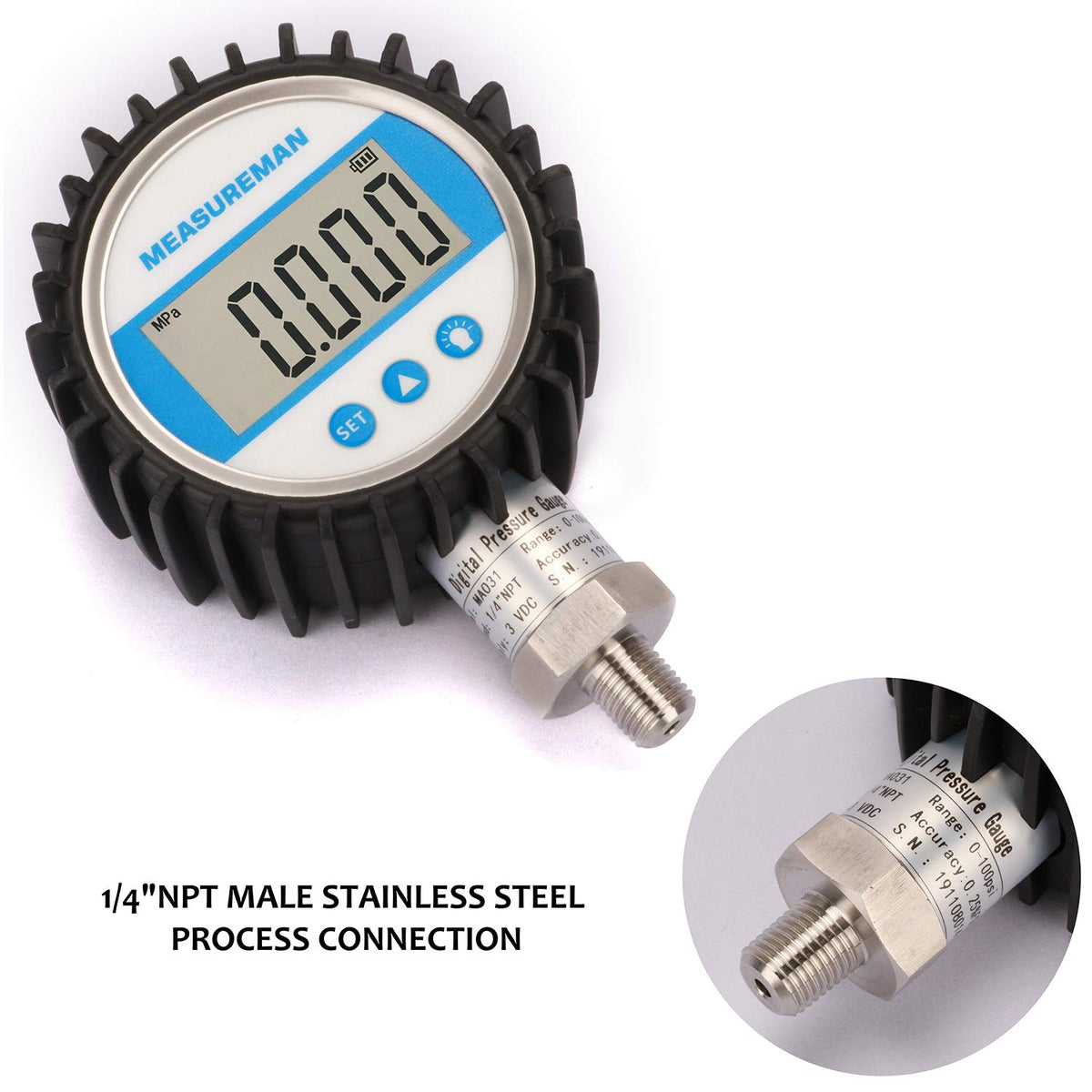 MEASUREMAN 3-1/8" Dial Size, Digital Pressure Gauge, 0-100psi/bar/Mpa/Kpa, 1/4" NPT Lower Mount, 0.25% Accuracy