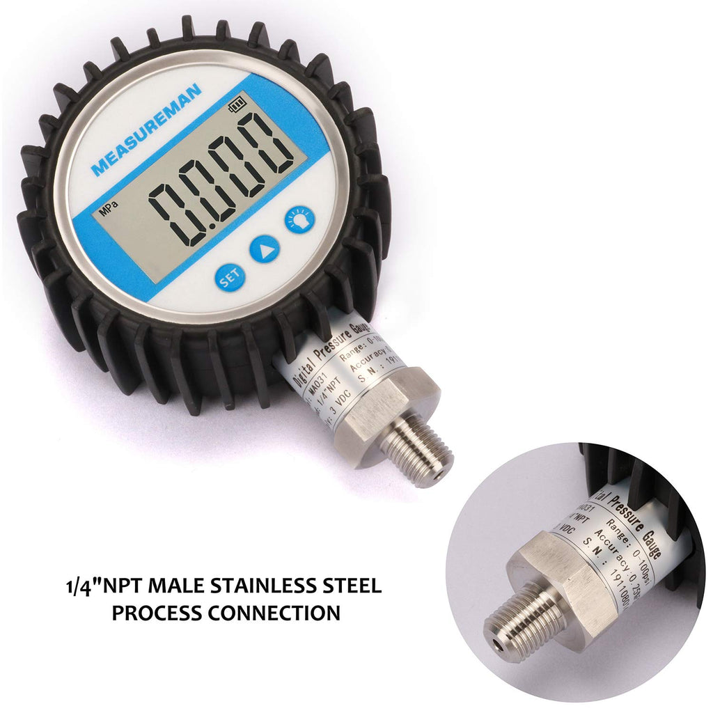 MEASUREMAN 3-1/8" Dial Size, Digital Pressure Gauge, 0-300psi/bar/Mpa/Kpa, 1/4" NPT Lower Mount, 0.25% Accuracy