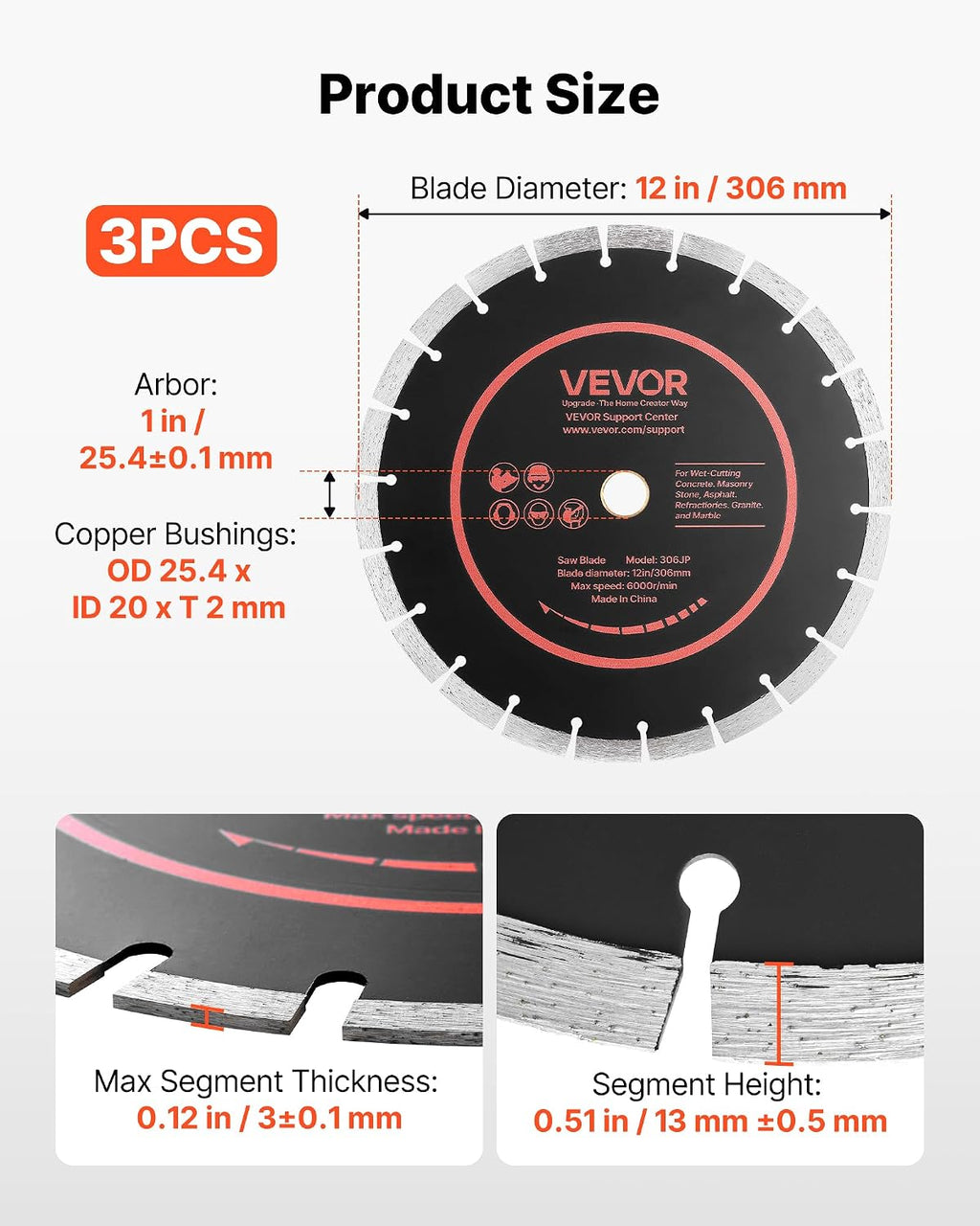 Diamond Blades 12 inch, 3-Pack Concrete Saw Blade Set, 1 in Arbor, High-Hardness Diamond Segments, 65Mn Steel Core