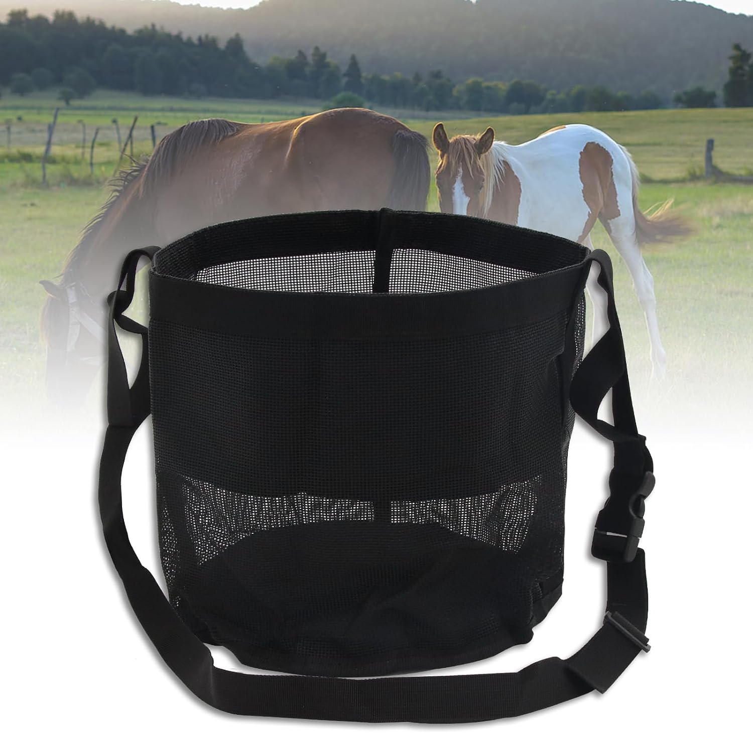 Horse Feed Bag 2 Pack-Grain Feeder Reinforced Bottom Mesh Feeding Troughs