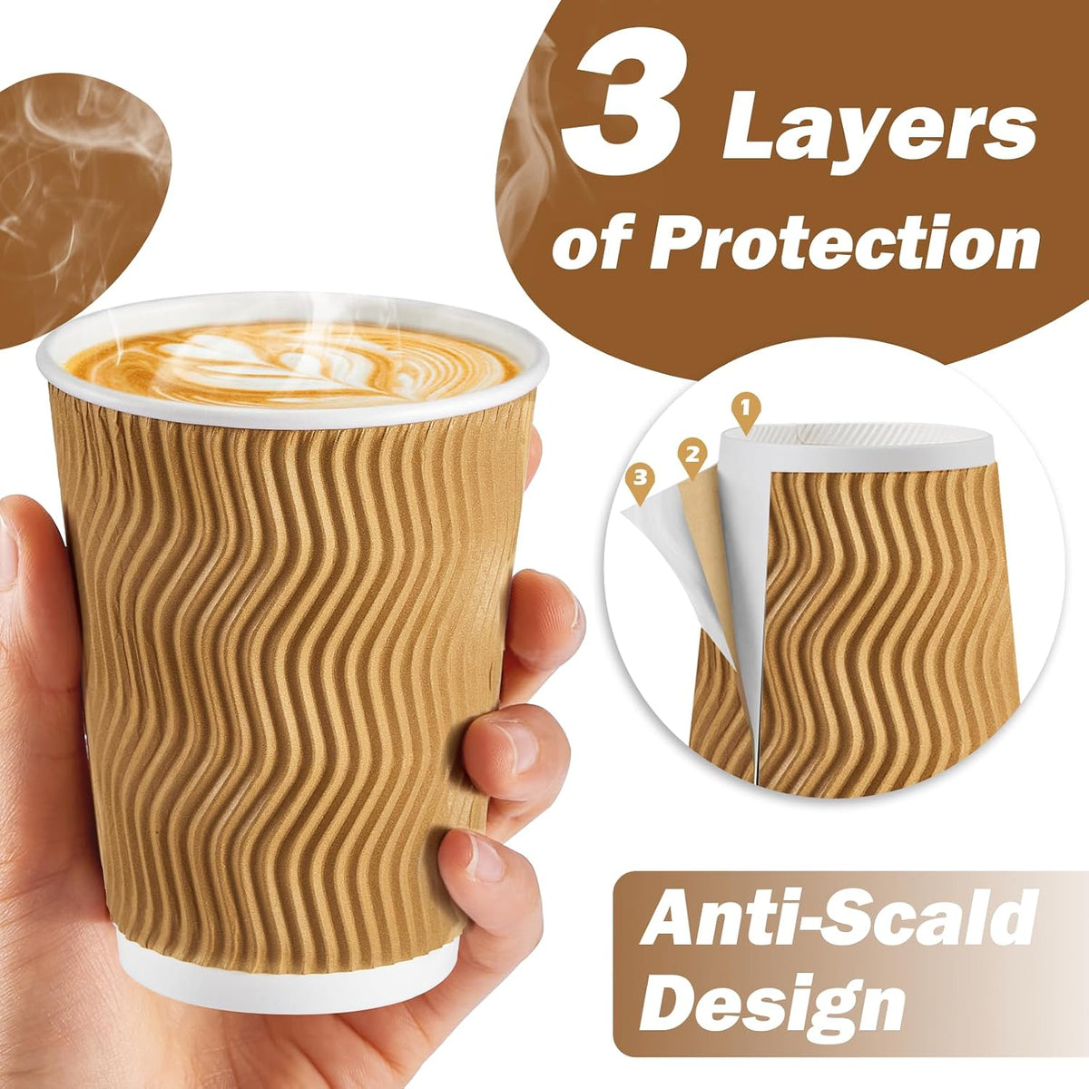 150 Pack 12 oz Disposable Coffee Cups, Insulated Corrugated Paper Cups