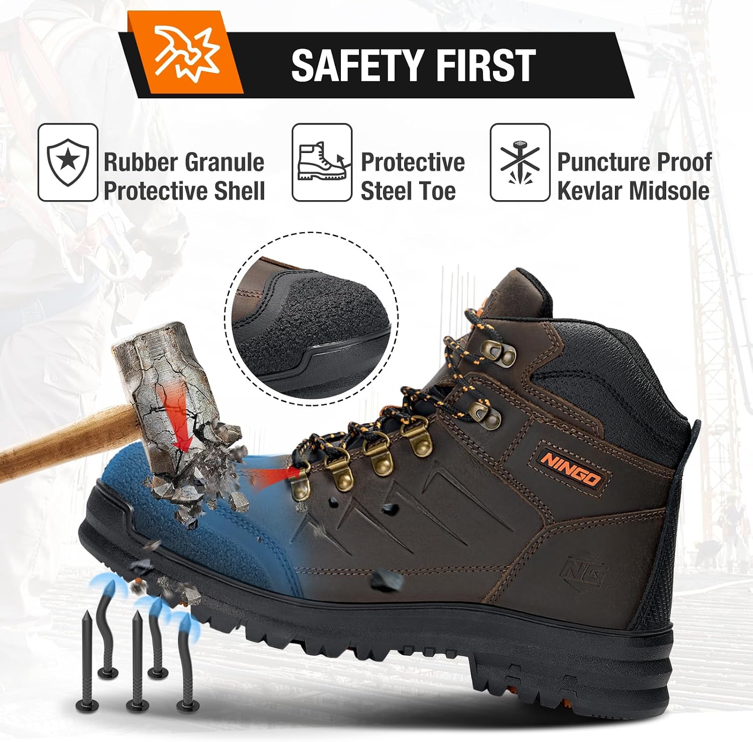 Mens Steel Toe Work Boots, Full Grain Leather, Oil and Slip Resistant, Puncture Proof Construction Boots with