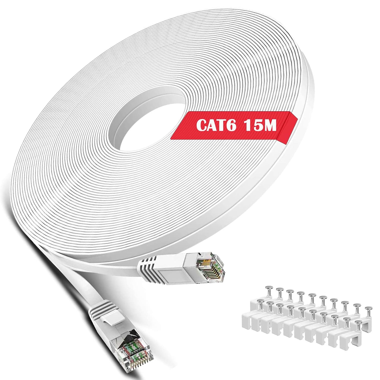 Cat 6 Ethernet Cable 50 ft White - Flat Internet Network LAN Patch Cords – Solid Cat6 High Speed Computer Wire with