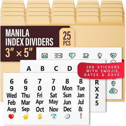 25 Heavyweight Manila Index Card Box Dividers - 3x5 with Tabs & 108 Stickers, Monthly & Recipe Guides, Greeting Card