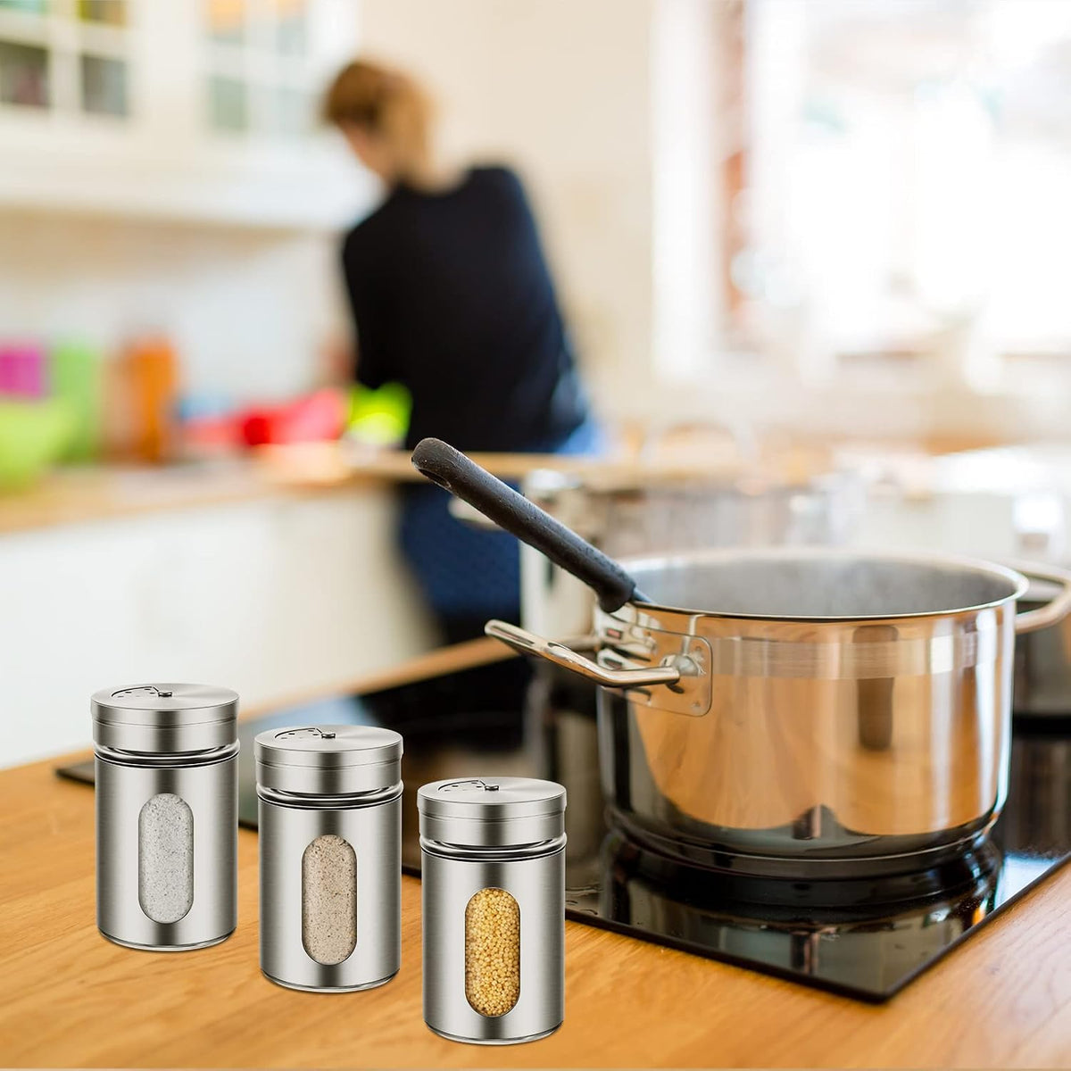 24 Pcs Salt and Pepper Shakers Stainless Steel Spice Shakers with Adjustable Pour Holes and Glass Window 3.4oz Salt