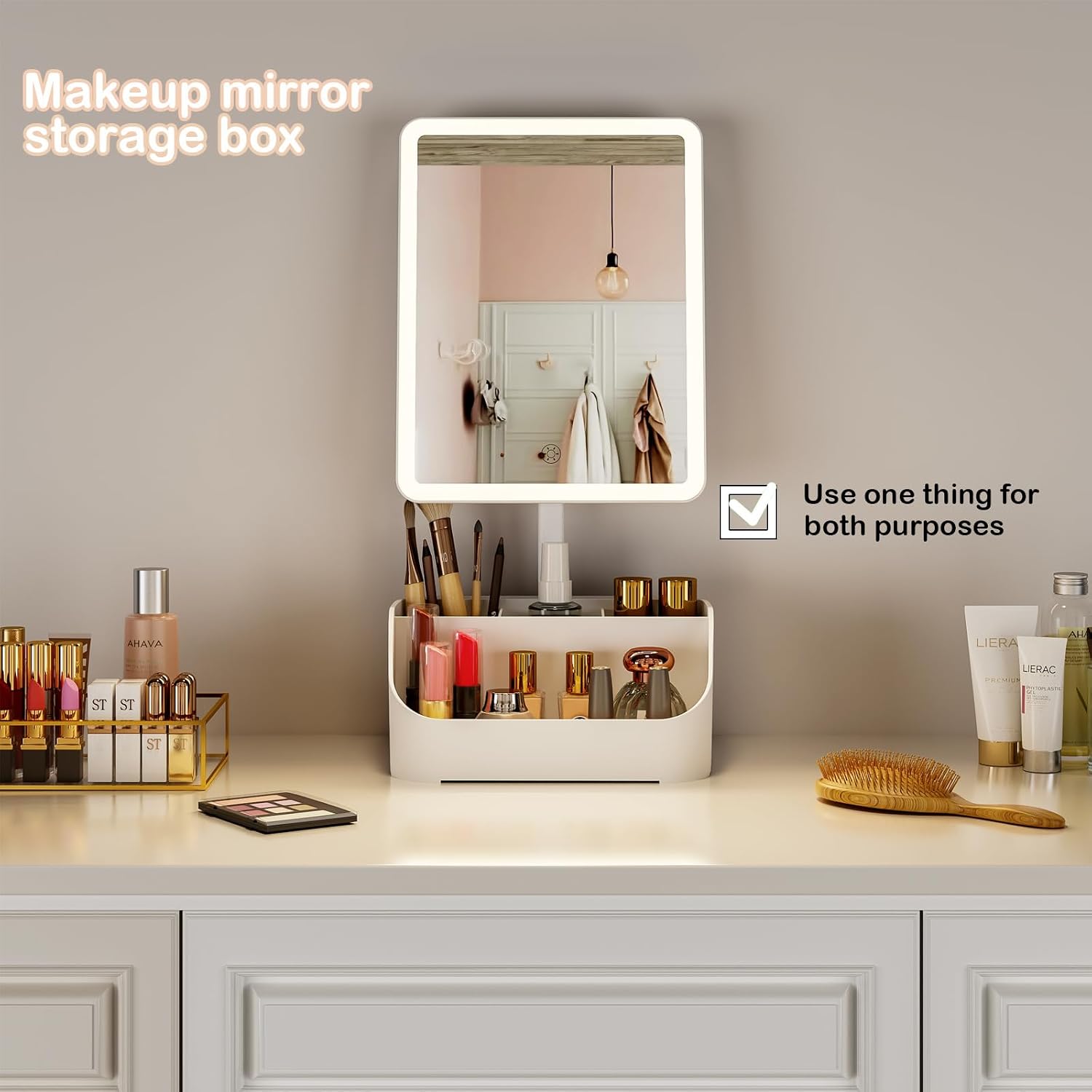 Rechargeable Makeup Mirror Organizer with LED Lights & 20X Magnification, Large Capacity Cosmetic Display Case for